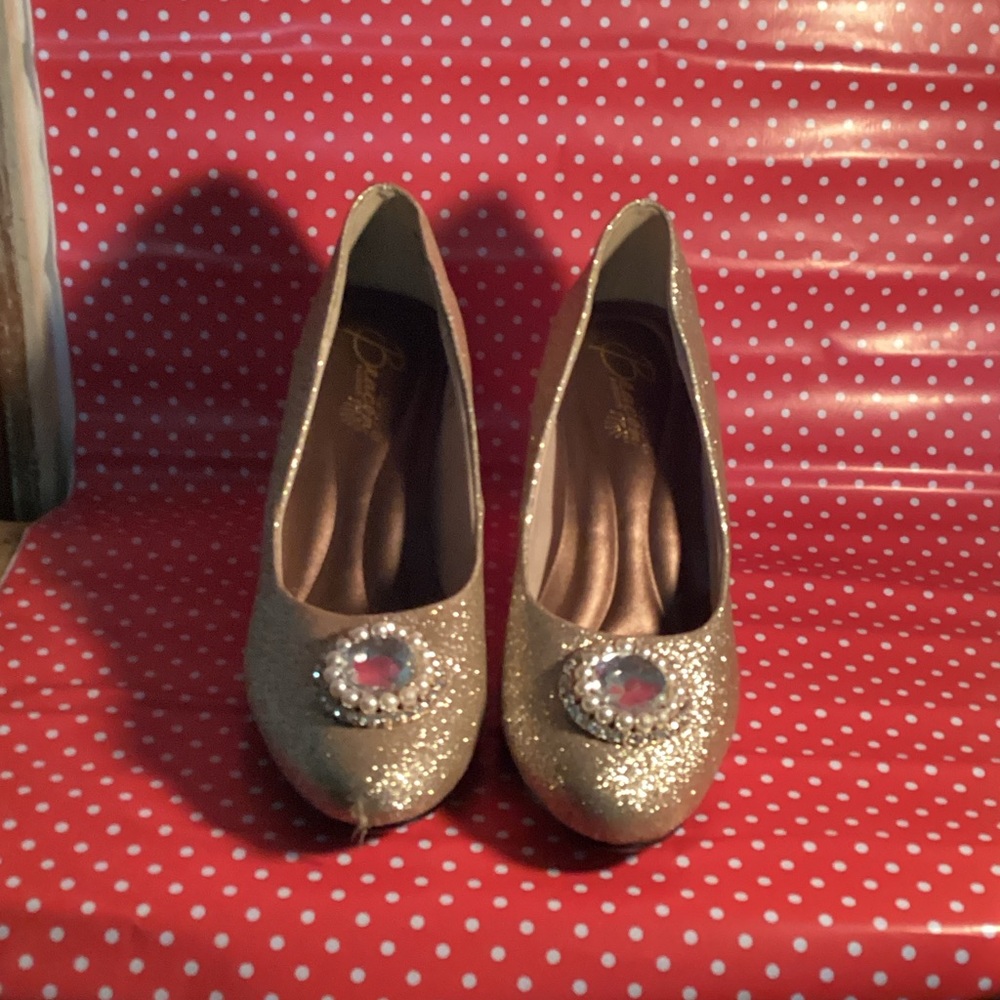 Beacon Gold Glitter Heels with Jewel Accent